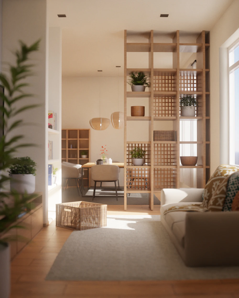 Salón luminoso con separador de madera y salida a la terraza